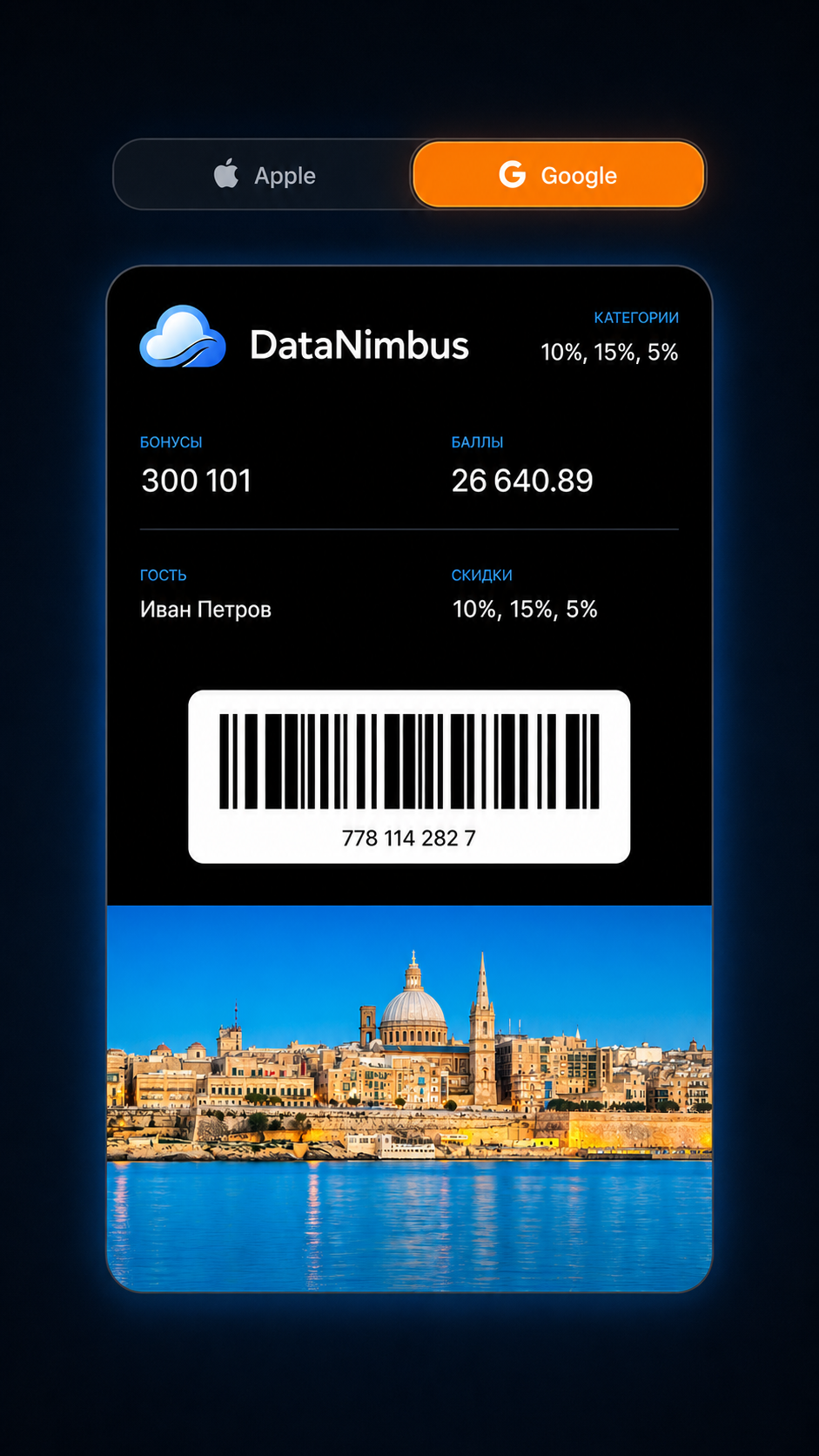 Пример бонусной карты DataNimbus в Google Wallet на экране телефона