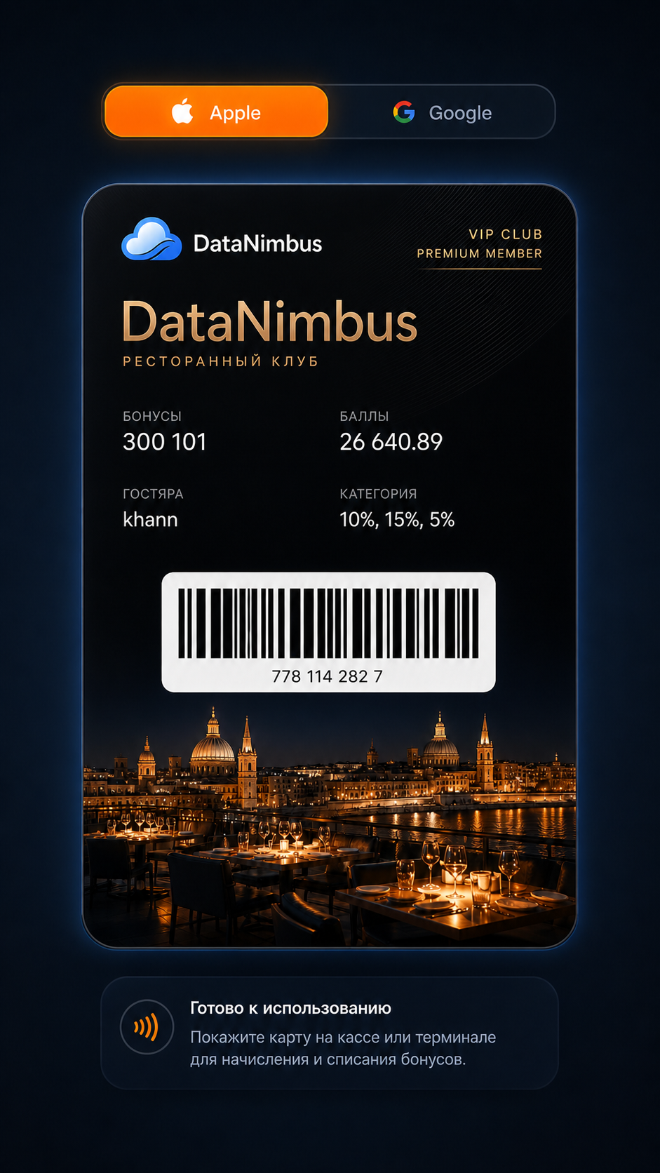 Пример премиальной VIP-карты DataNimbus в кошельке телефона